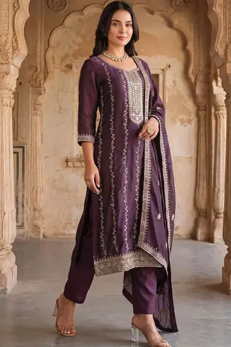 women ethnic motifs embroidered regular thread work kurta with trousers & with dupatta