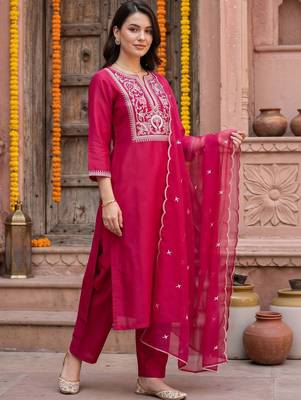 women ethnic motifs embroidered regular thread work liva kurta with trousers & with dupatta 1