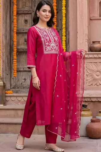 women ethnic motifs embroidered regular thread work liva kurta with trousers & with dupatta