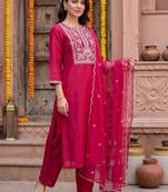 women ethnic motifs embroidered regular thread work liva kurta with trousers & with dupatta
