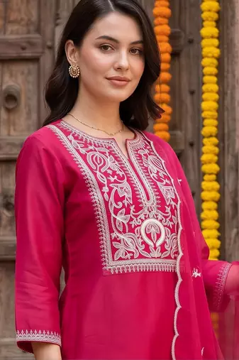women ethnic motifs embroidered regular thread work liva kurta with trousers & with dupatta