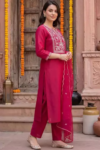 women ethnic motifs embroidered regular thread work liva kurta with trousers & with dupatta
