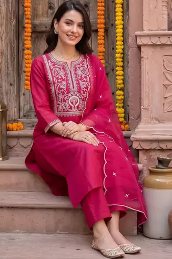 women ethnic motifs embroidered regular thread work liva kurta with trousers & with dupatta