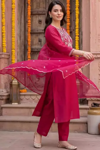 women ethnic motifs embroidered regular thread work liva kurta with trousers & with dupatta