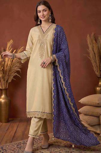 women ethnic motifs embroidered regular thread work kurta with trousers & with dupatta