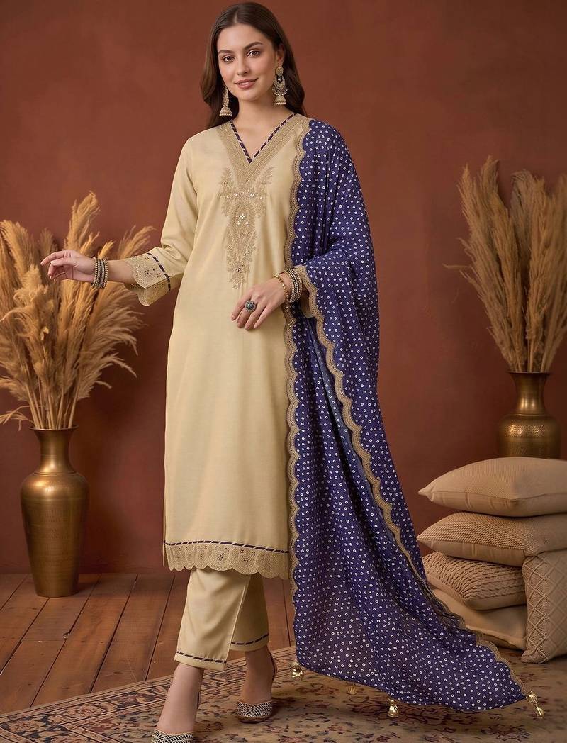 women ethnic motifs embroidered regular thread work kurta with trousers & with dupatta
