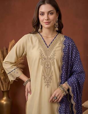 women ethnic motifs embroidered regular thread work kurta with trousers & with dupatta 2