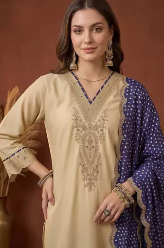 women ethnic motifs embroidered regular thread work kurta with trousers & with dupatta