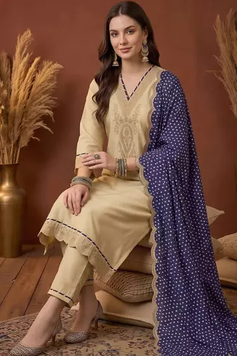 women ethnic motifs embroidered regular thread work kurta with trousers & with dupatta