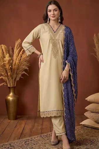 women ethnic motifs embroidered regular thread work kurta with trousers & with dupatta