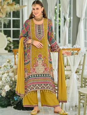women ethnic motifs printed regular mirror work kurta with palazzos & with dupatta 1