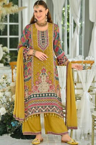 women ethnic motifs printed regular mirror work kurta with palazzos & with dupatta