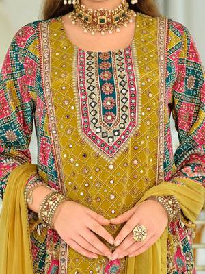 women ethnic motifs printed regular mirror work kurta with palazzos & with dupatta 2