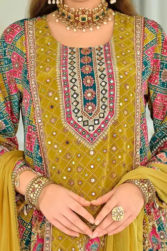 women ethnic motifs printed regular mirror work kurta with palazzos & with dupatta