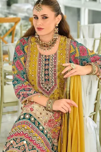 women ethnic motifs printed regular mirror work kurta with palazzos & with dupatta