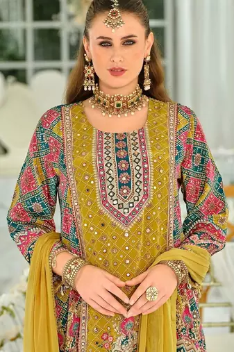 women ethnic motifs printed regular mirror work kurta with palazzos & with dupatta