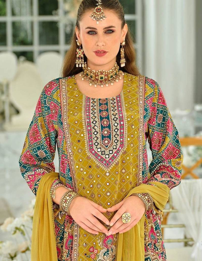 women ethnic motifs printed regular mirror work kurta with palazzos & with dupatta