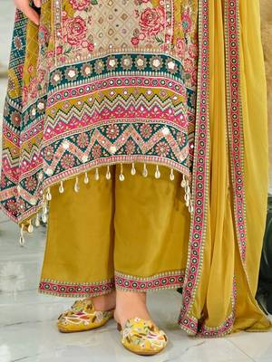 women ethnic motifs printed regular mirror work kurta with palazzos & with dupatta 5