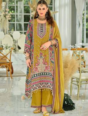 women ethnic motifs printed regular mirror work kurta with palazzos & with dupatta 6