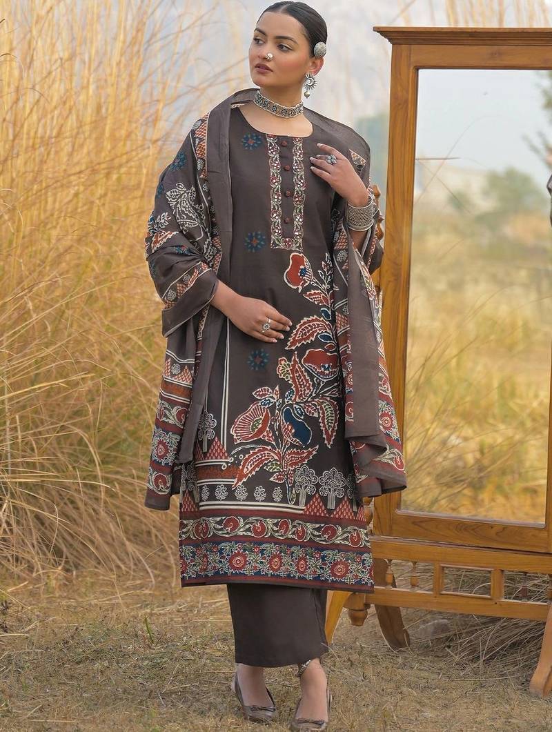 women ethnic motifs printed regular cotton kurta with trousers & with dupatta