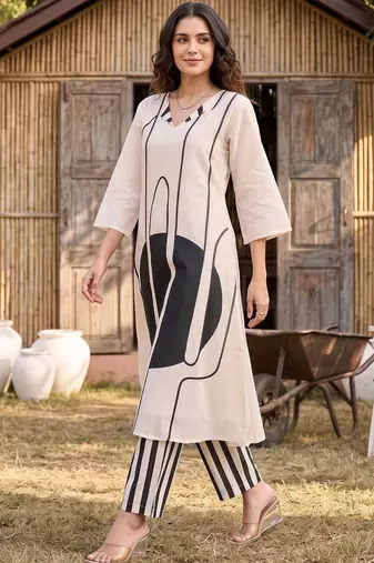 women printed regular cotton kurta with trousers