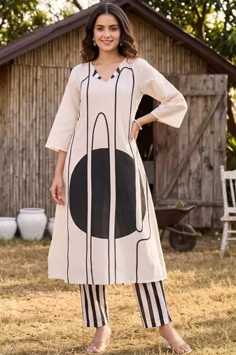 women printed regular cotton kurta with trousers