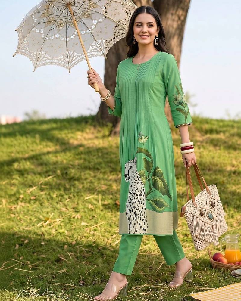 women animal printed regular cotton kurta with trousers