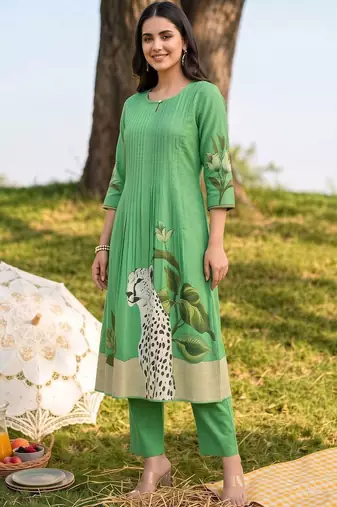 women animal printed regular cotton kurta with trousers