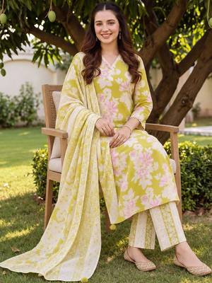 women floral printed regular cotton kurta with palazzos & with dupatta 5