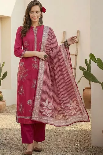 women ethnic motifs embroidered regular thread work cotton kurta with trousers & with dupatta