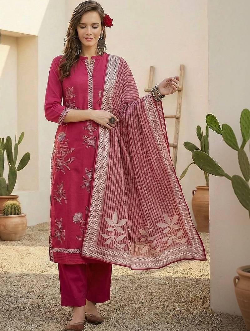 women ethnic motifs embroidered regular thread work cotton kurta with trousers & with dupatta