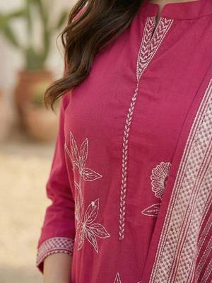 women ethnic motifs embroidered regular thread work cotton kurta with trousers & with dupatta 2