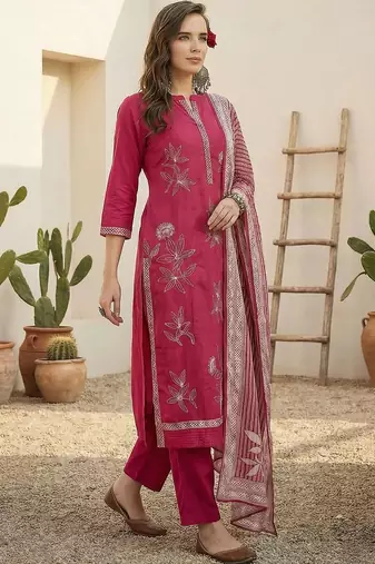 women ethnic motifs embroidered regular thread work cotton kurta with trousers & with dupatta