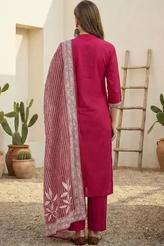 women ethnic motifs embroidered regular thread work cotton kurta with trousers & with dupatta