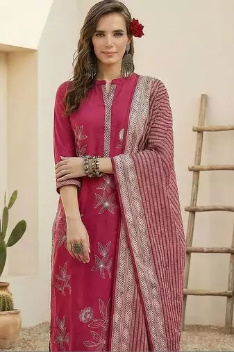 women ethnic motifs embroidered regular thread work cotton kurta with trousers & with dupatta