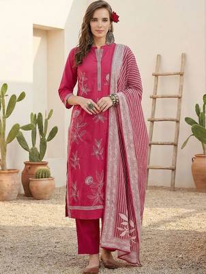 women ethnic motifs embroidered regular thread work cotton kurta with trousers & with dupatta 6