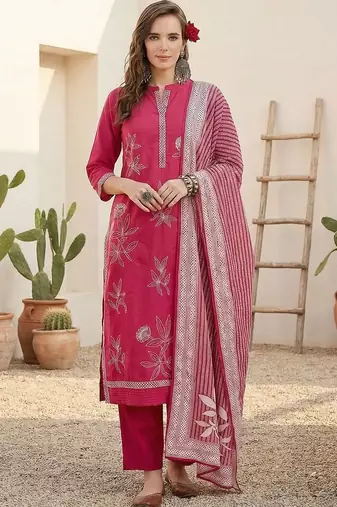 women ethnic motifs embroidered regular thread work cotton kurta with trousers & with dupatta