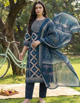 women printed regular cotton kurta with trousers & with dupatta 1