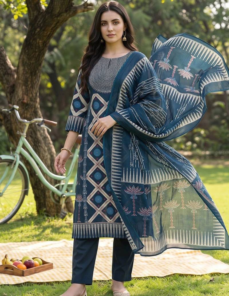 women printed regular cotton kurta with trousers & with dupatta