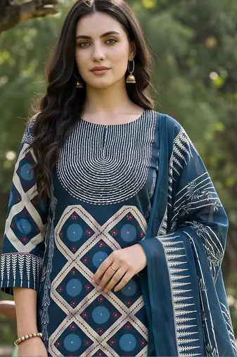 women printed regular cotton kurta with trousers & with dupatta