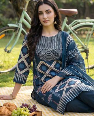 women printed regular cotton kurta with trousers & with dupatta 5