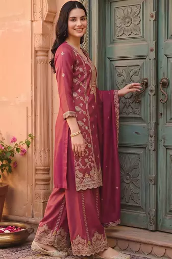 women ethnic motifs embroidered regular thread work kurta with patiala & with dupatta
