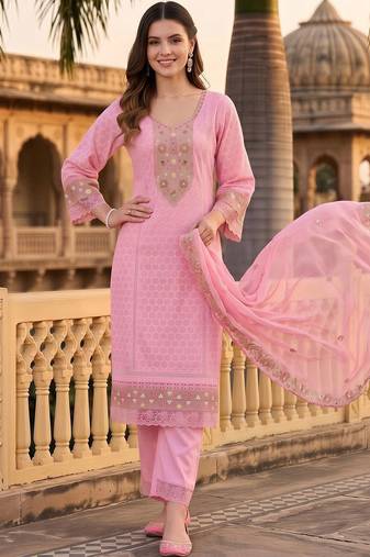 women ethnic motifs embroidered regular thread work cotton kurta with trousers & with dupatta