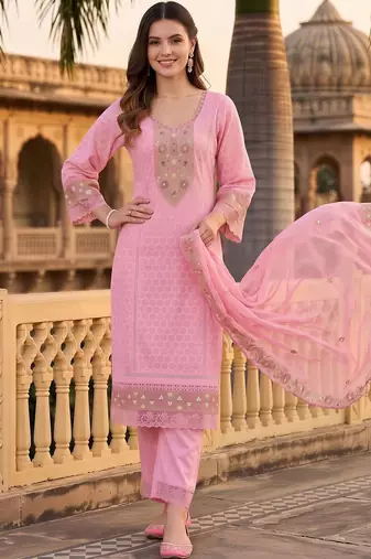 women ethnic motifs embroidered regular thread work cotton kurta with trousers & with dupatta