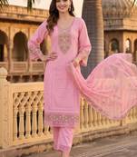 women ethnic motifs embroidered regular thread work cotton kurta with trousers & with dupatta