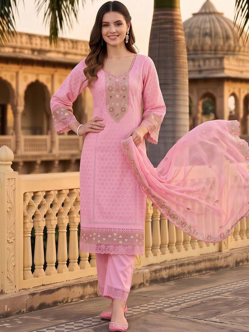 women ethnic motifs embroidered regular thread work cotton kurta with trousers & with dupatta