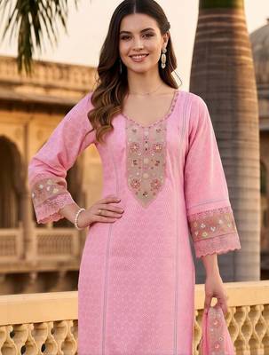 women ethnic motifs embroidered regular thread work cotton kurta with trousers & with dupatta 2