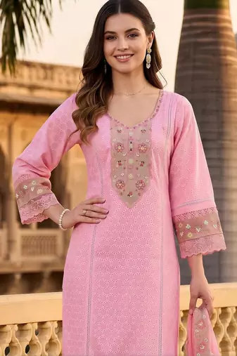 women ethnic motifs embroidered regular thread work cotton kurta with trousers & with dupatta