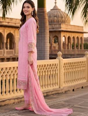women ethnic motifs embroidered regular thread work cotton kurta with trousers & with dupatta 3