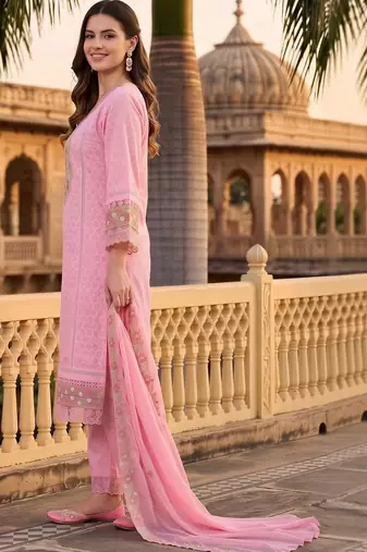 women ethnic motifs embroidered regular thread work cotton kurta with trousers & with dupatta